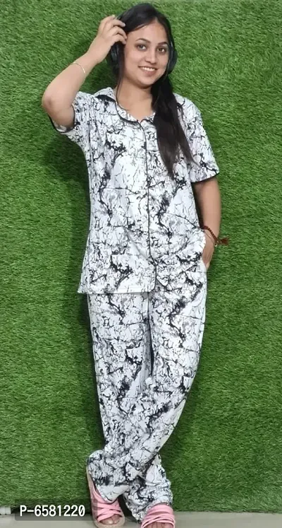 Stylish White Cotton Blend Printed Night Shirt with Pajama Set For Women-thumb0