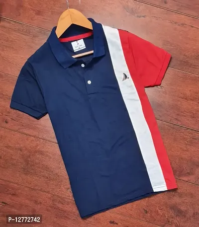 Navy Blue Cotton Blend Polos For Men-thumb2