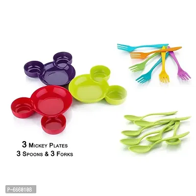 Pack of 3 Plastic Unbreakable Eco Friendly Children Mickey Minnie Shaped Serving Food Plate Free Spoon Fork Set of 3 Assorted Colors,Fruit Plate, Baby Cartoon Pie Bowl Plate, Children Table