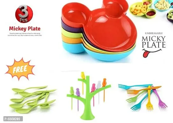 3 Pcs Plastic Serving Food Plate With Free 6 Pcs Spoon And Fork kids plates