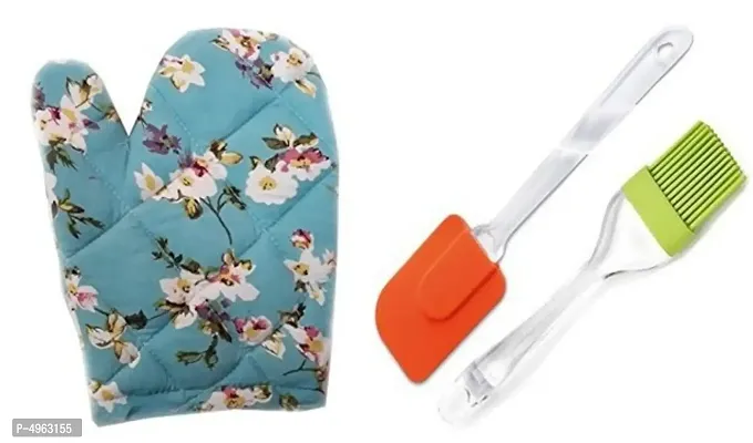 Combo of Oven Gloves and Silicone Brush  Spatula Perfect for Barbecue BBQ Cooking