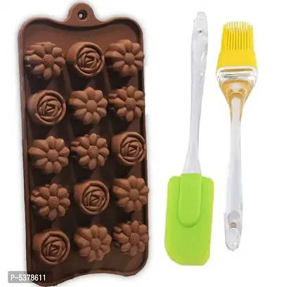 Silicone Reusable Flower Shape Chocolate Mould, 15 Cavity and Silicone Brush-Spatula Set, Kitchen Baking Tools Accessories Combo Set