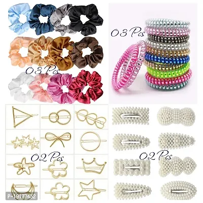 Stylish Hair Accessories 10 Pieces Combo for Girls  Women ndash; Satin Scrunchies | Spiral Hair Rubber Bands | Golden Hair Clips | Pearl Hair Clips ndash; Assorted Color  Design-thumb0