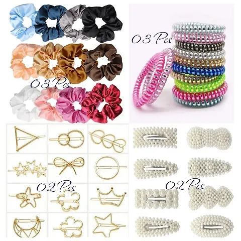 Stylish Hair Accessories Pieces Combo for Girls Women ndash; Satin Scrunchies | Spiral Hair Rubber Bands | Hair Clips | Pearl Hair Clips ndash; Color Design