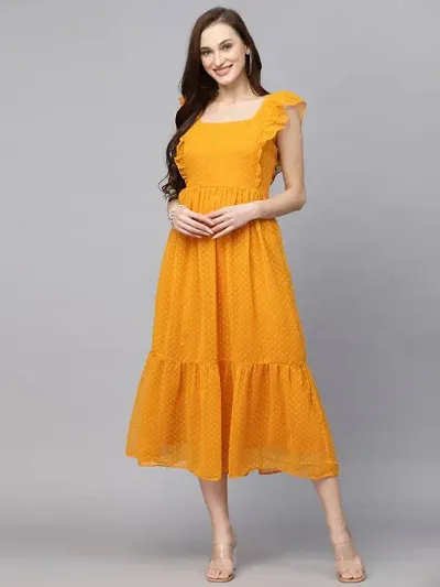 Stylish Georgette Solid Fit And Flare Dress For Women