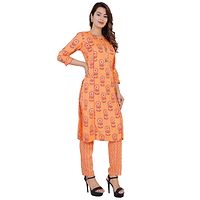 Women's Printed Straight Orange Rayon Kurta Bottom Set-thumb1