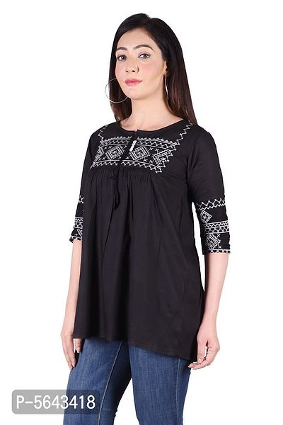 Rayon Round Neck Black women Embroidery Tops-thumb2