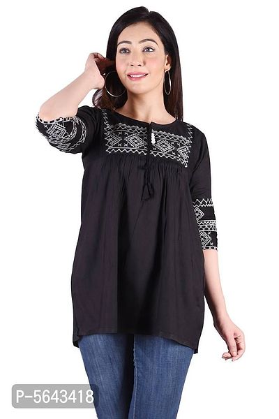 Rayon Round Neck Black women Embroidery Tops-thumb0