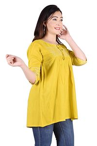 Rayon Round Neck Yellow women Embroidery Tops-thumb2