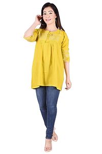 Rayon Round Neck Yellow women Embroidery Tops-thumb4