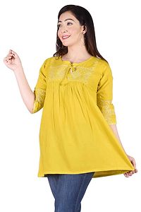 Rayon Round Neck Yellow women Embroidery Tops-thumb1