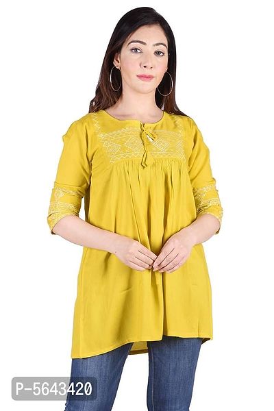 Rayon Round Neck Yellow women Embroidery Tops