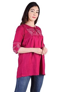 Rayon Round Neck Pink women Embroidery Tops-thumb2