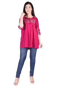 Rayon Round Neck Pink women Embroidery Tops-thumb4