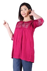 Rayon Round Neck Pink women Embroidery Tops-thumb1