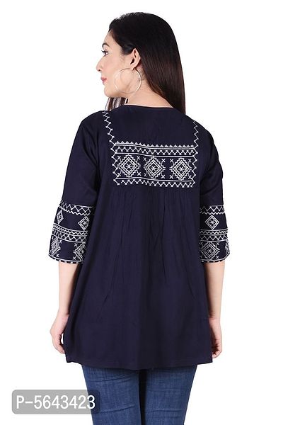 Rayon Round Neck Blue women Embroidery Tops-thumb5