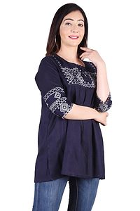 Rayon Round Neck Blue women Embroidery Tops-thumb3