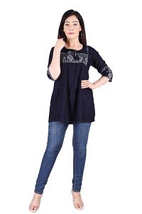 Rayon Round Neck Blue women Embroidery Tops-thumb1
