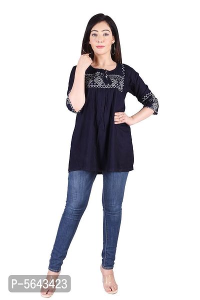 Rayon Round Neck Blue women Embroidery Tops-thumb2