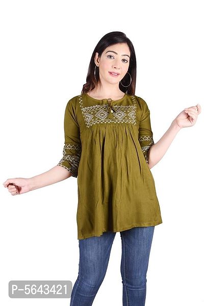 Rayon Round Neck Green women Embroidery Tops
