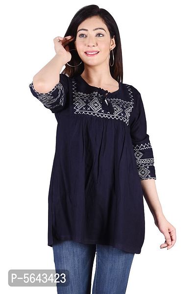 Rayon Round Neck Blue women Embroidery Tops