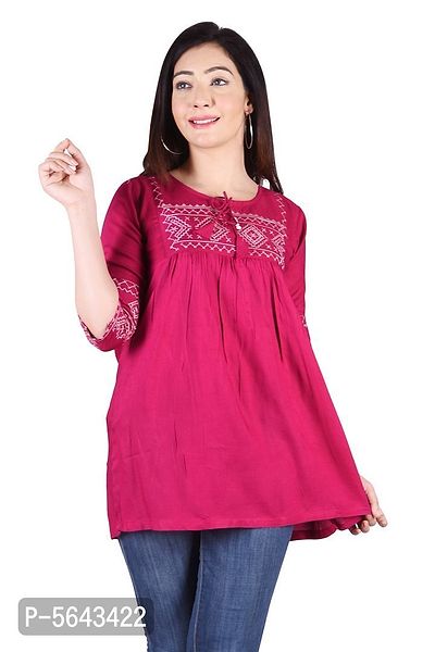 Rayon Round Neck Pink women Embroidery Tops