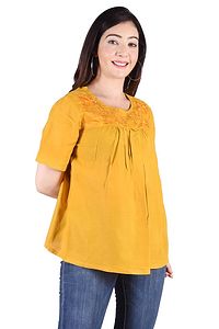 Rayon Round Neck Yellow women Embroidery Tops-thumb2