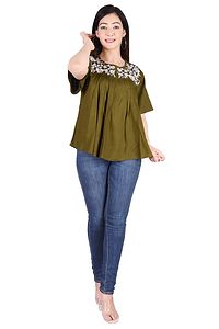 Rayon Round Neck Green women Embroidery Tops-thumb2