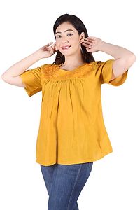 Rayon Round Neck Yellow women Embroidery Tops-thumb1