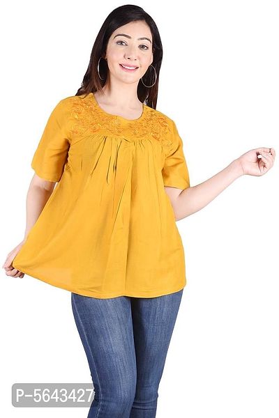 Rayon Round Neck Yellow women Embroidery Tops