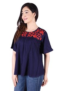 Rayon Round Neck Blue women Embroidery Tops-thumb2