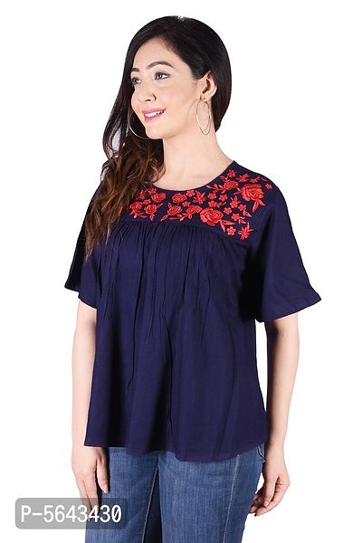 Rayon Round Neck Blue women Embroidery Tops-thumb3