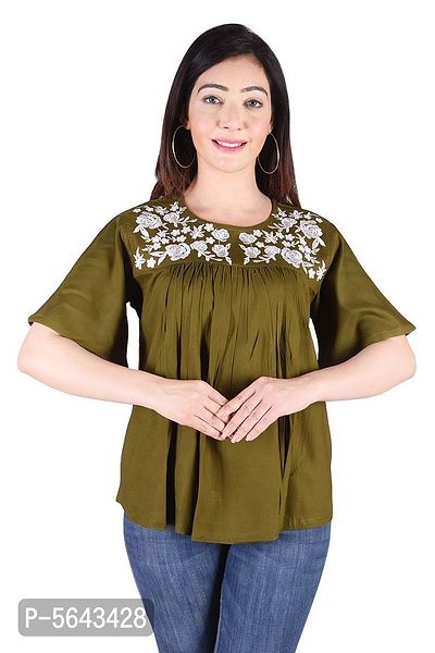 Rayon Round Neck Green women Embroidery Tops