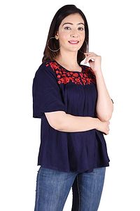 Rayon Round Neck Blue women Embroidery Tops-thumb1