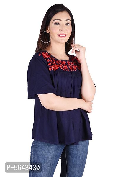 Rayon Round Neck Blue women Embroidery Tops-thumb2