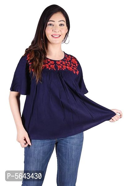Rayon Round Neck Blue women Embroidery Tops-thumb0