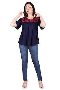 Rayon Round Neck Blue women Embroidery Tops-thumb4