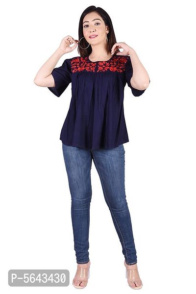 Rayon Round Neck Blue women Embroidery Tops-thumb5