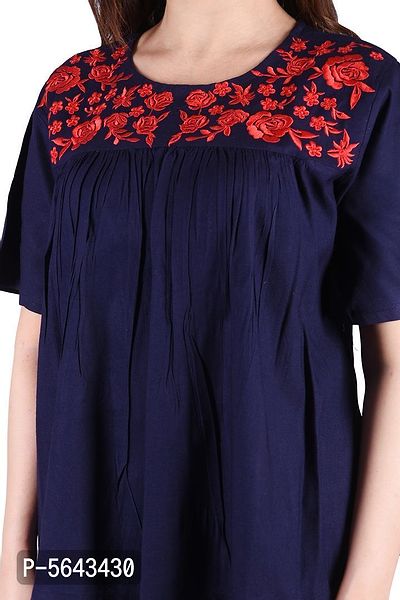 Rayon Round Neck Blue women Embroidery Tops-thumb4