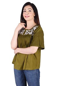 Rayon Round Neck Green women Embroidery Tops-thumb3