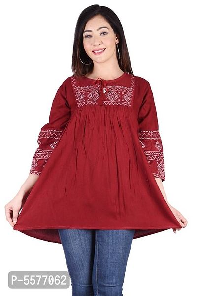 Rayon Round Neck Blue Women Embroidery Tops