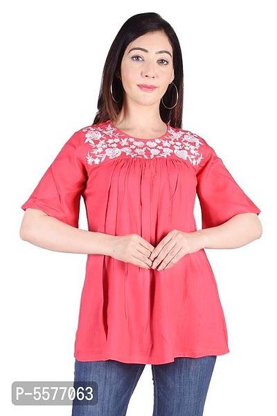 Trendy Cotton Round Neck Embroidery Top for Women
