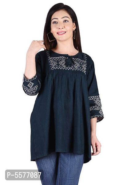 Trendy Cotton Round Neck Embroidery Top for Women