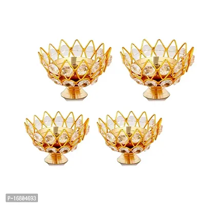 Brass Flower Crystal Diya Akhand Jyoti Oil Lamp for Home Temple Puja Decor Gifts Pack of 4 (Crystel Bowl, 4 pcs)-thumb0