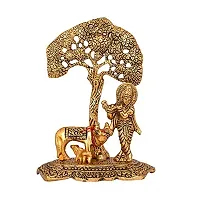 Metal Krishna Idol Murti with Kamdhenu Cow - Gold Plated Showpiece Articles for Home Decor, Office,House Warming (Set of 1)-thumb1