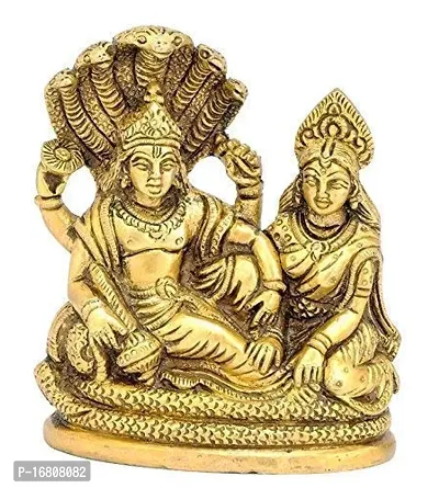 God Lord Vishnu and Goddess Lakshmi Seated on Sheshnag Metal Statue for Diwali, Temple, Gold