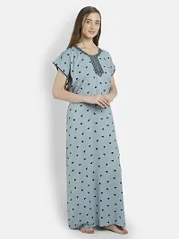 Girls and Moms Women Rayon Heart Print Nighty | Nightgown | Maxi | with Pocket | Embrodiery Neck (Large, Greyish Blue)-thumb1