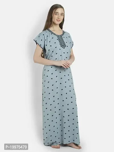 Girls and Moms Women Rayon Heart Print Nighty | Nightgown | Maxi | with Pocket | Embrodiery Neck (Large, Greyish Blue)-thumb2