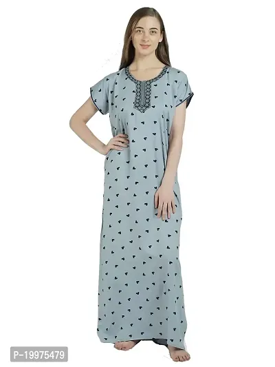 Girls and Moms Women Rayon Heart Print Nighty | Nightgown | Maxi | with Pocket | Embrodiery Neck (Large, Greyish Blue)