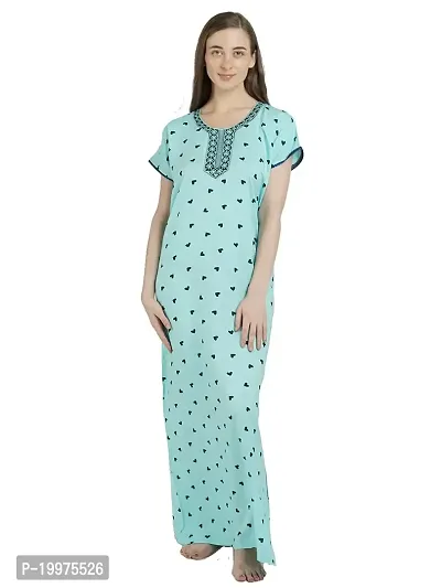 Girls and Moms Women Rayon Heart Print Nighty | Nightgown | Maxi | with Pocket | Embrodiery Neck (Large, Aqua Blue)-thumb0